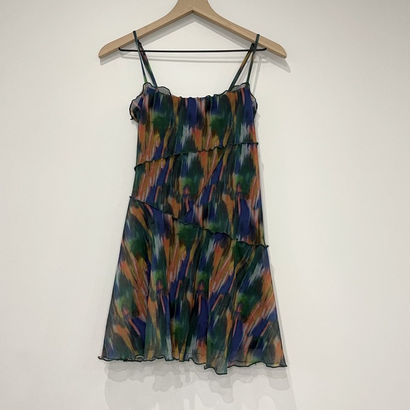 Urban Outfitters Moxie mesh multi colored lettuce hem mini slip dress XS - Picture 2 of 10